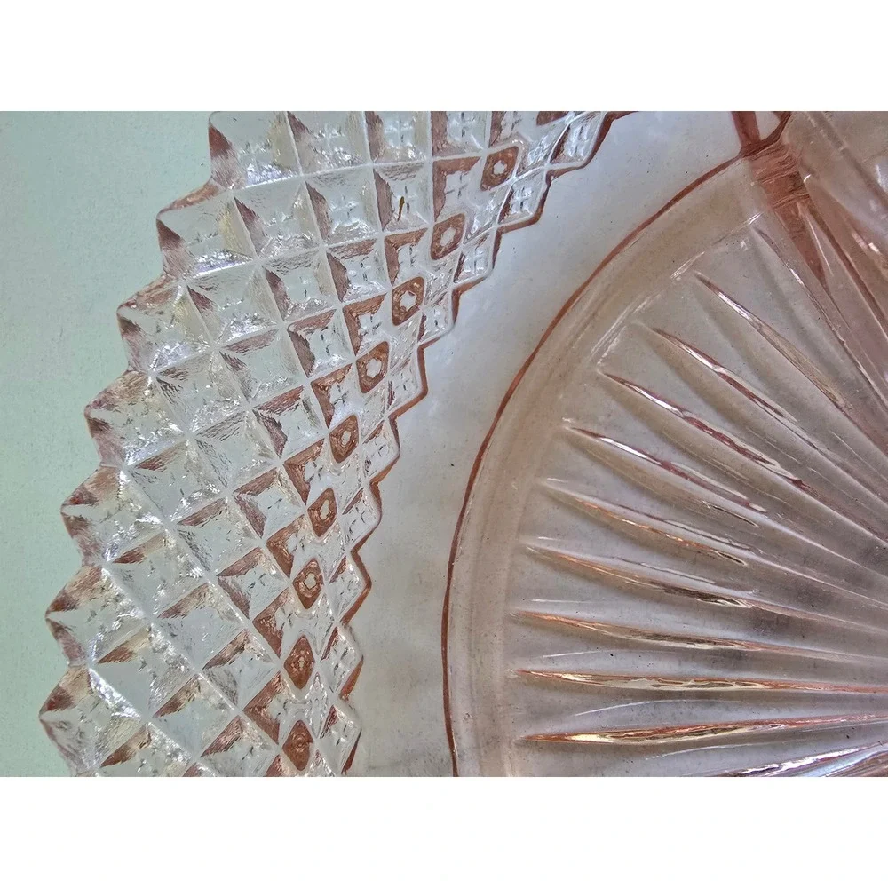 Vintage Pink Depression Glass Divided Relish Dish Diamond Point Sunburst Tray